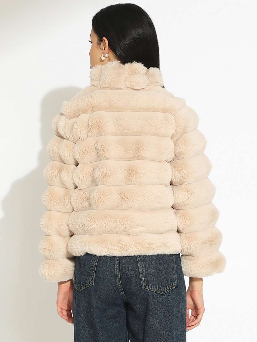women solid long sleeve faux fur jacket - 22086224 - Standard Image - 3