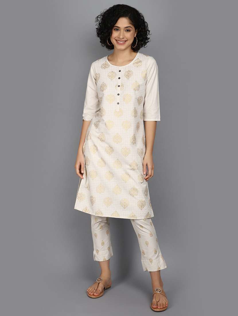 women foil printed three quarter sleeve straight kurta - 22086228 -  Standard Image - 3