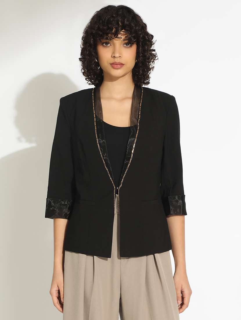 women black solid three quarter sleeve single breasted blazer - 22086230 -  Zoom Image - 0