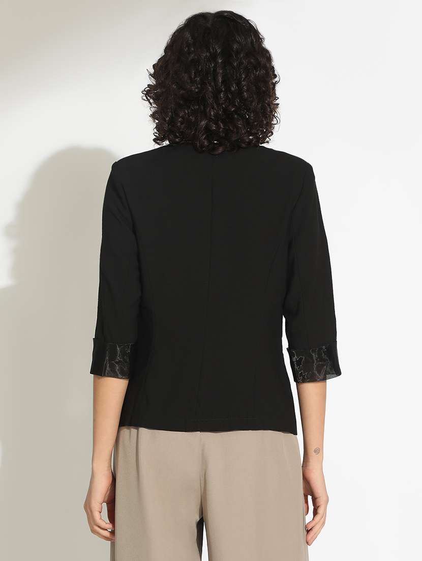 women black solid three quarter sleeve single breasted blazer - 22086230 - Standard Image - 3