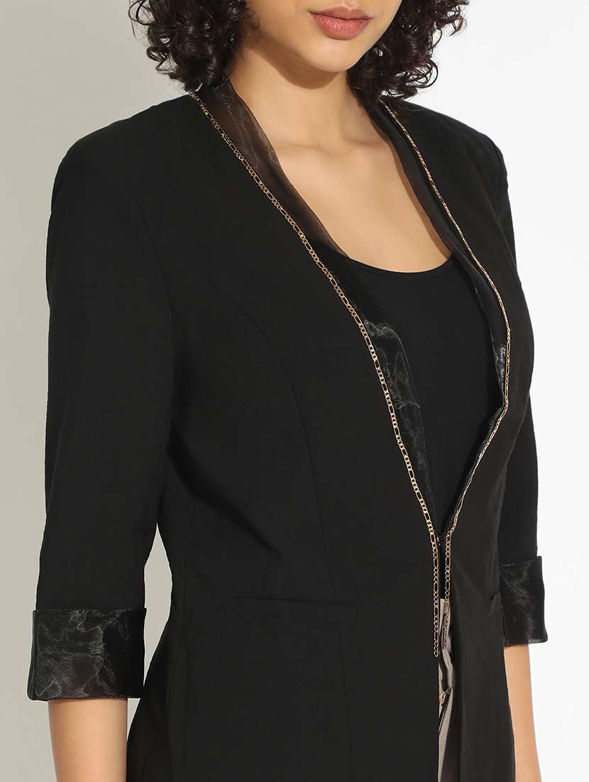 women black solid three quarter sleeve single breasted blazer - 22086230 - Standard Image - 5