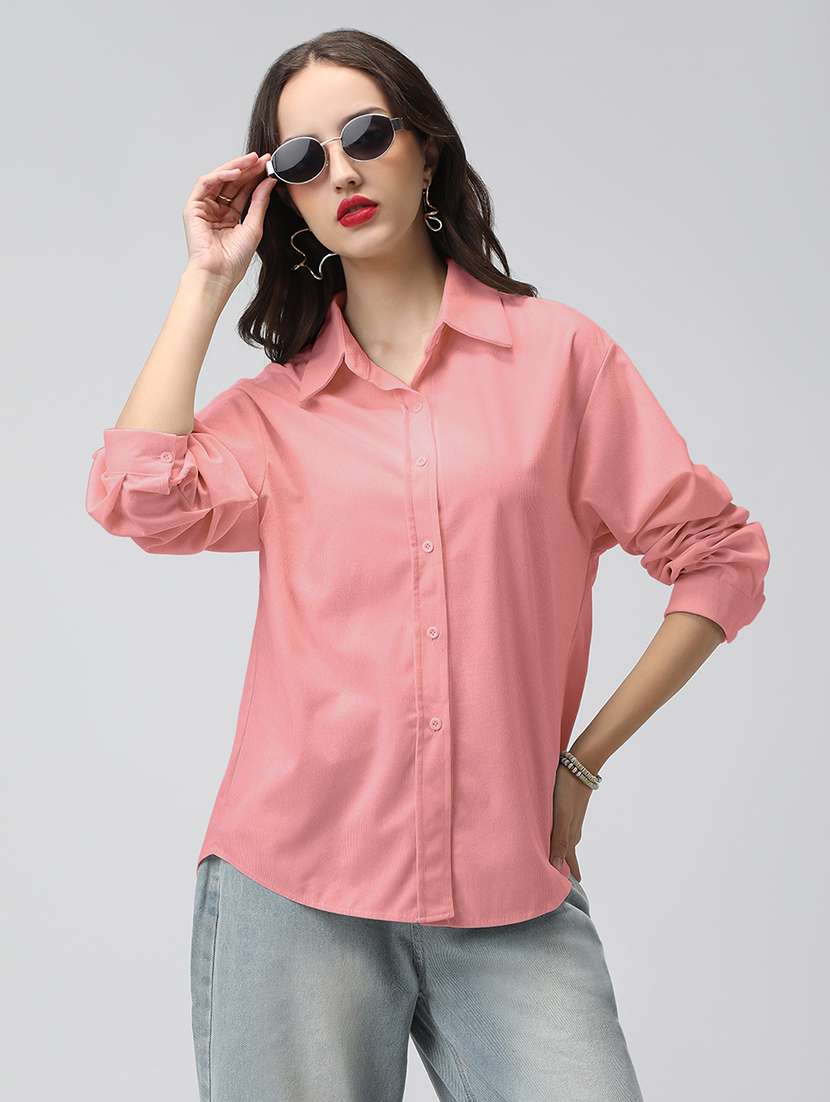 women solid long sleeve collared oversized shirt