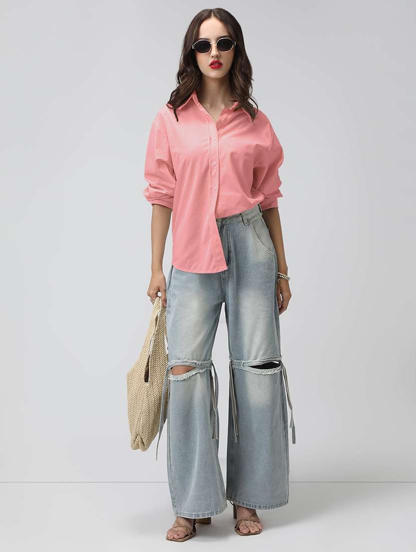 women solid long sleeve collared oversized shirt - 22086241 -  Standard Image - 5