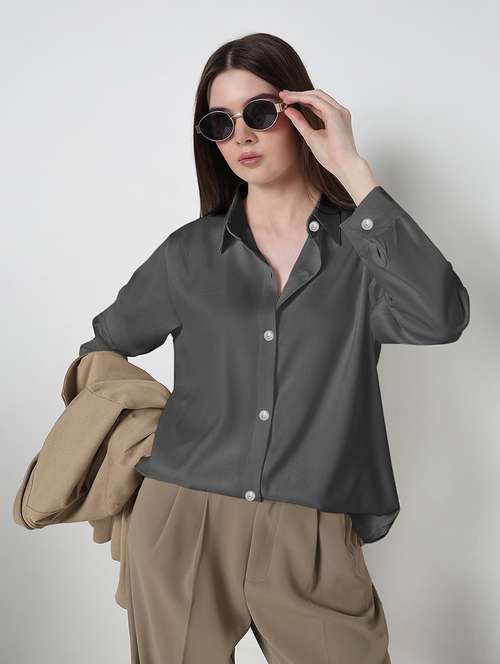 women solid long sleeve collared high low shirt - 22086243 -  Standard Image - 0
