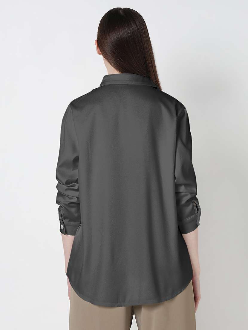 women solid long sleeve collared high low shirt - 22086243 -  Standard Image - 3