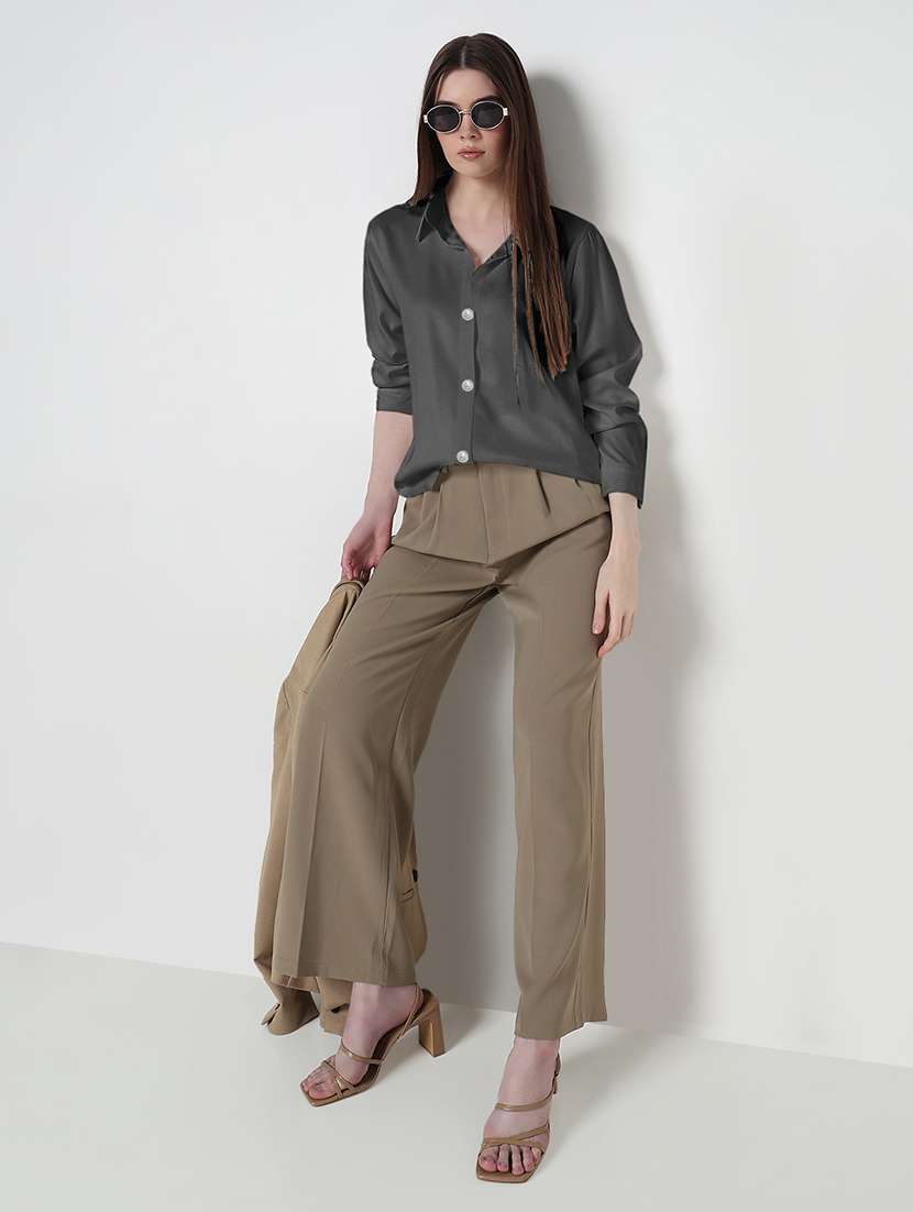 women solid long sleeve collared high low shirt - 22086243 -  Standard Image - 5