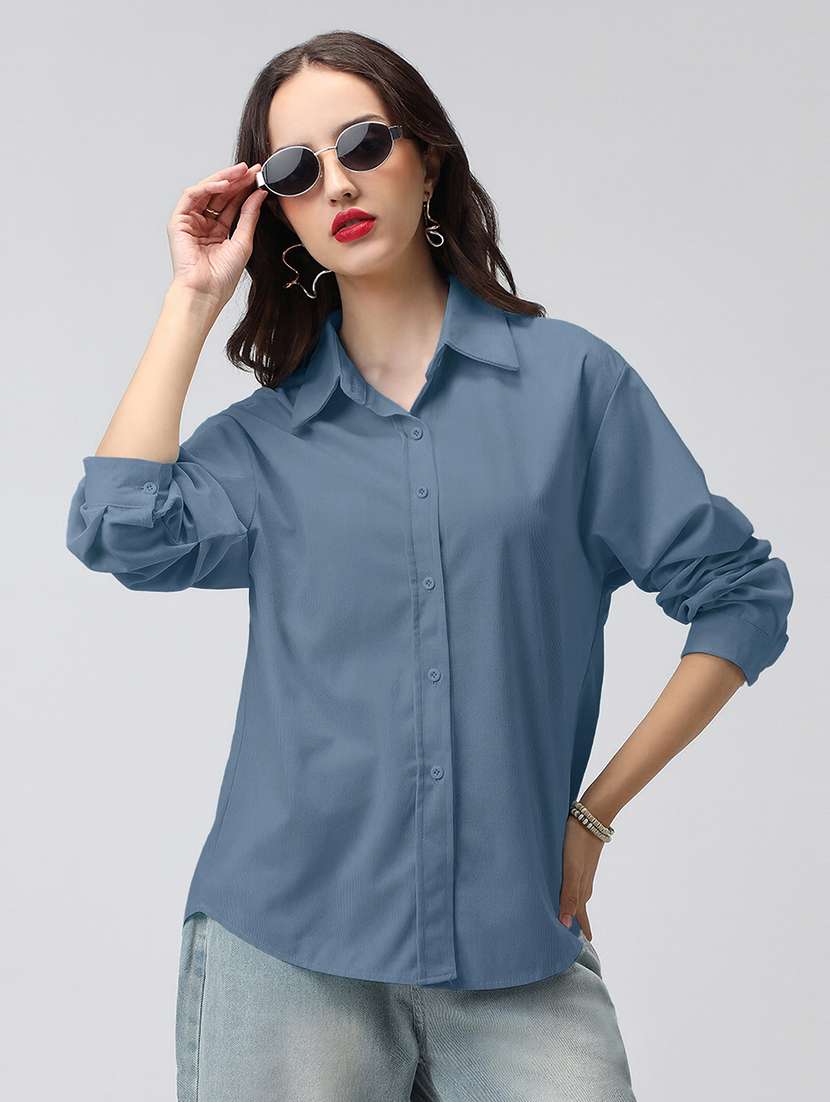 women solid collarerd long sleeve oversized shirt - 22086250 -  Zoom Image - 0