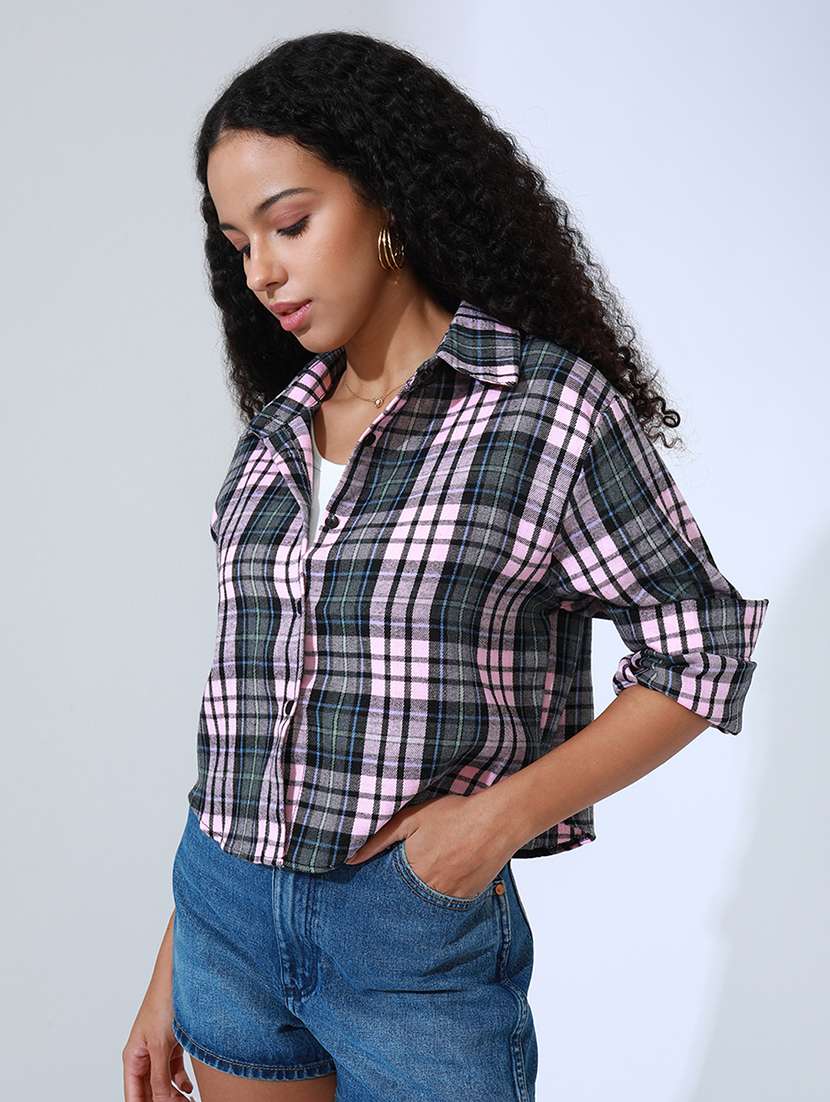 women checkered collared long sleeve crop shirt - 22086251 - Standard Image - 3