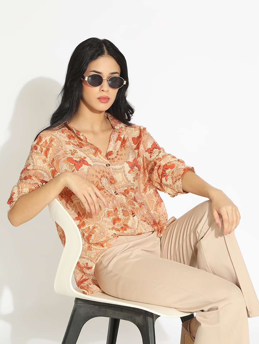 women floral print collarerd long sleeve shirt