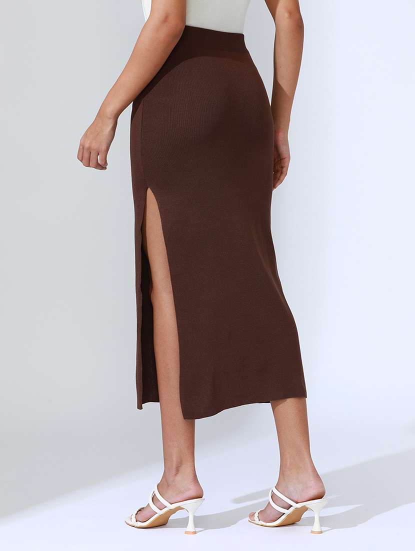 women brown solid high rise bodycon skirt - 22086256 -  Standard Image - 3