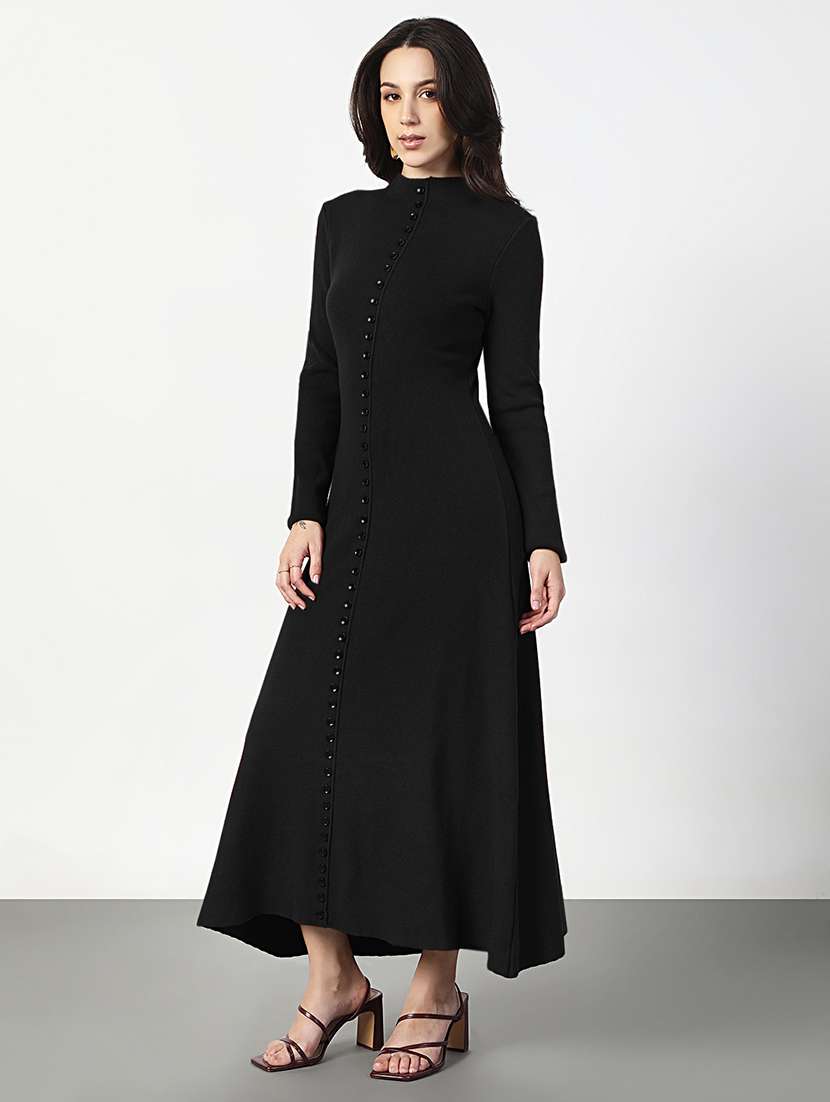 women black solid long sleeve a-line dress - 22086270 -  Standard Image - 3