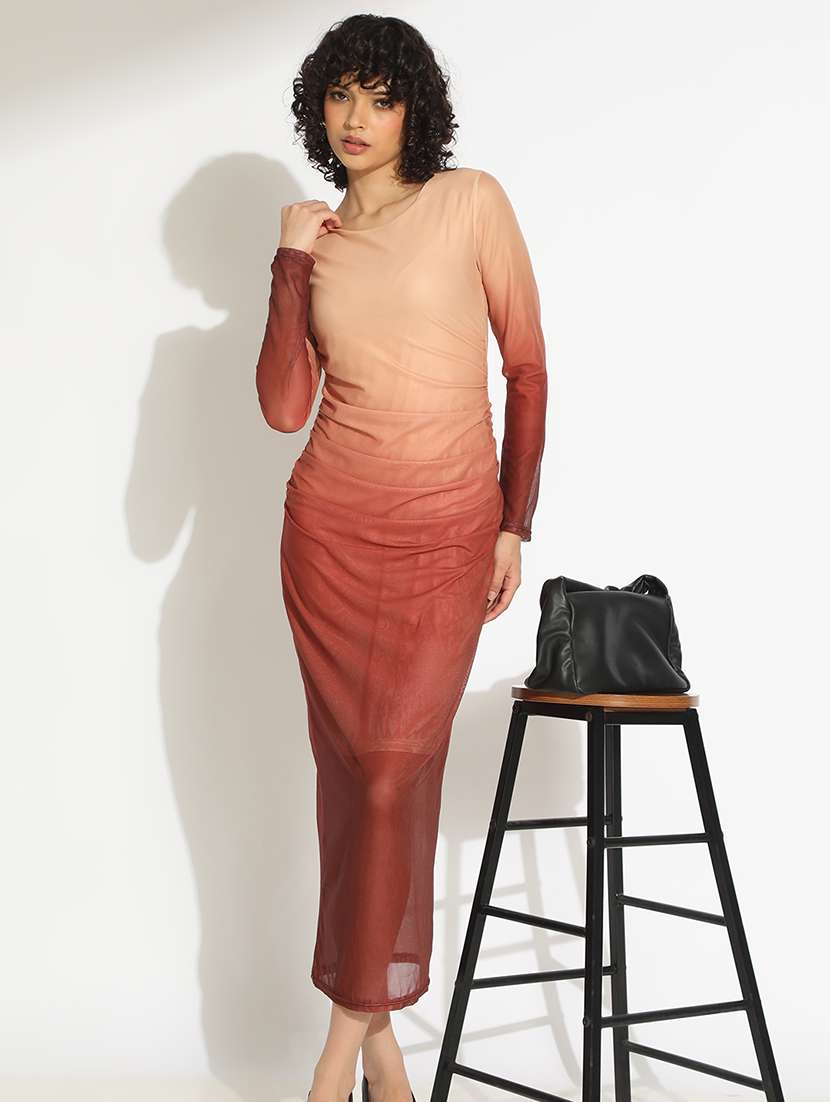 women ombre print long sleeve ruched bodycon dress