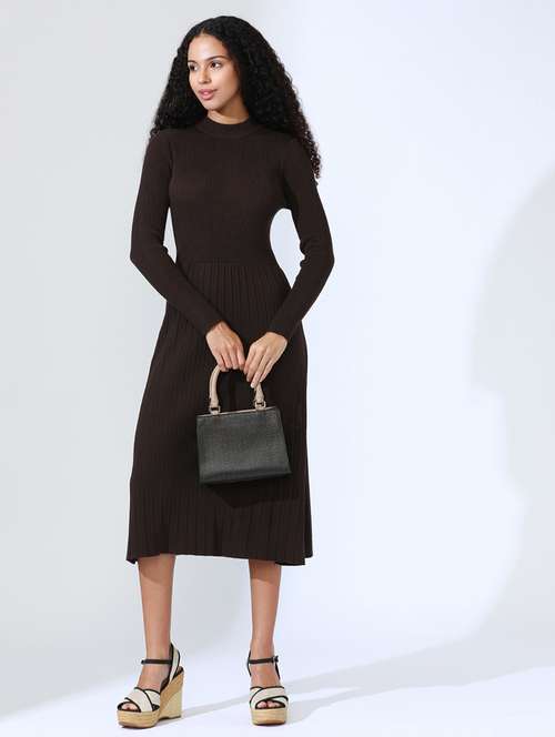 women brown solid long sleeve a-line dress - 22086285 -  Standard Image - 0