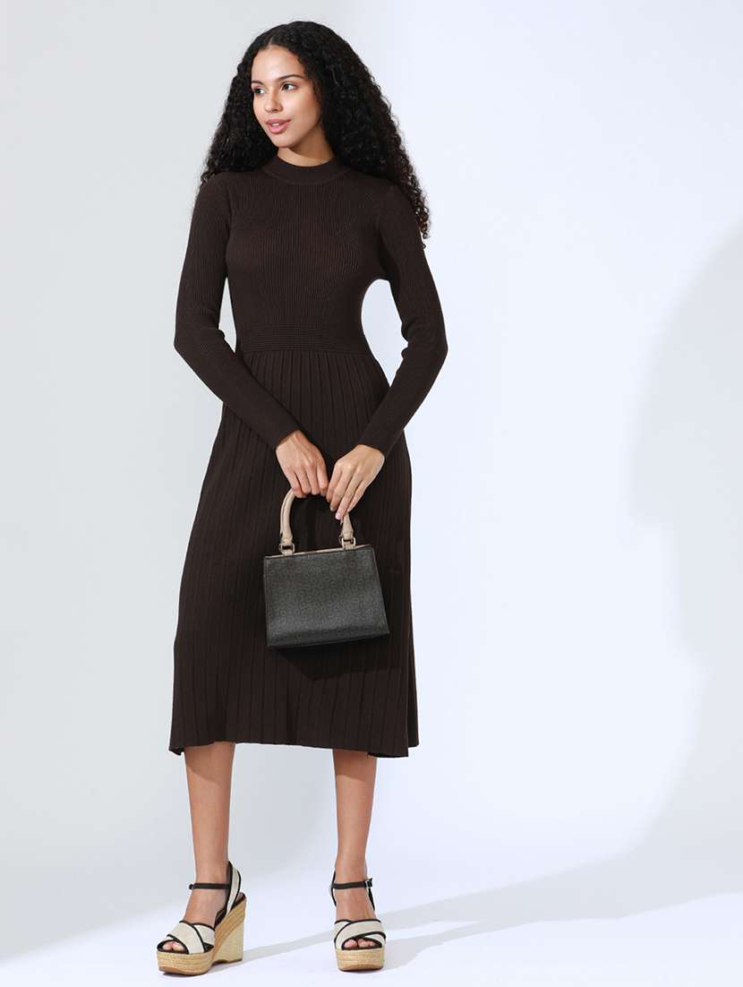 women brown solid long sleeve a-line dress