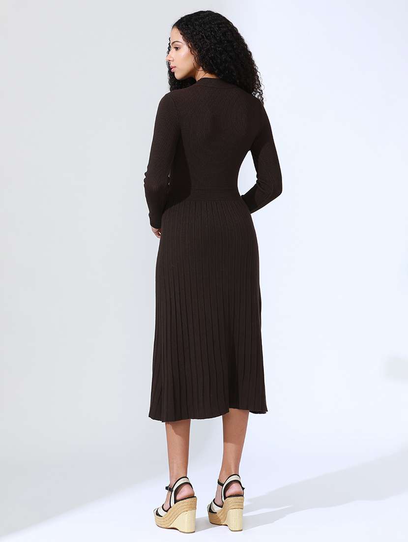women brown solid long sleeve a-line dress - 22086285 -  Standard Image - 3