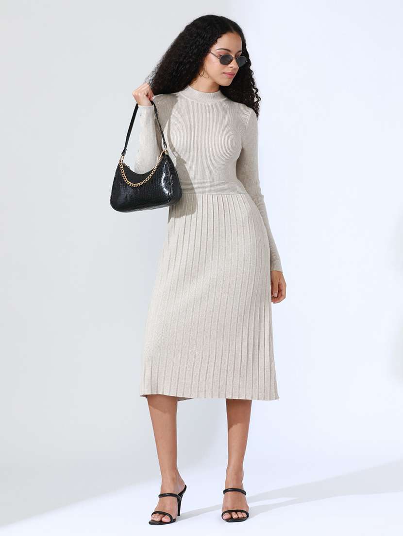 women grey solid long sleeve a-line dress