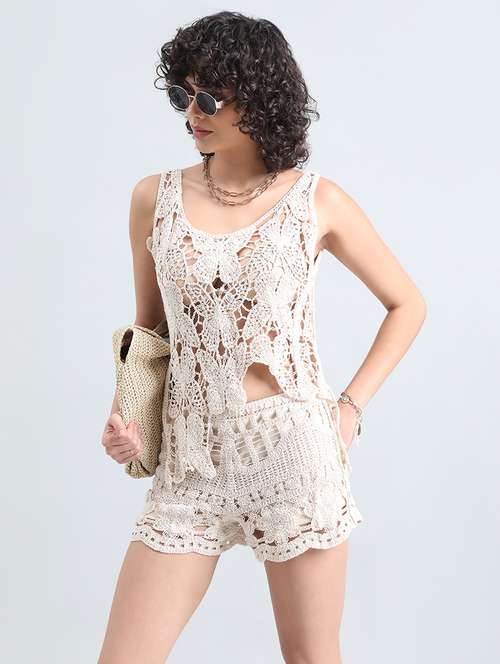 women solid crochet top and shorts co-ord set - 22086289 -  Standard Image - 0