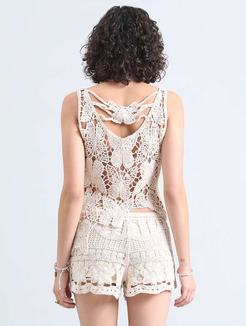 women solid crochet top and shorts co-ord set - 22086289 -  Standard Image - 3