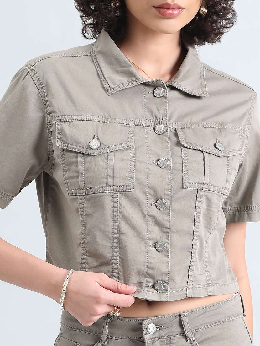 women grey solid denim top and skirt co-ord set - 22086303 -  Standard Image - 5