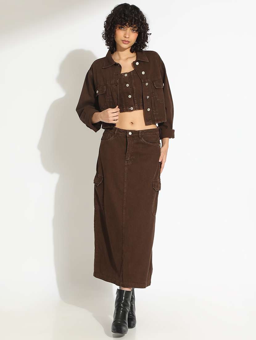 women solid denim top and skirt with jacket co-ord set - 22086307 -  Standard Image - 5