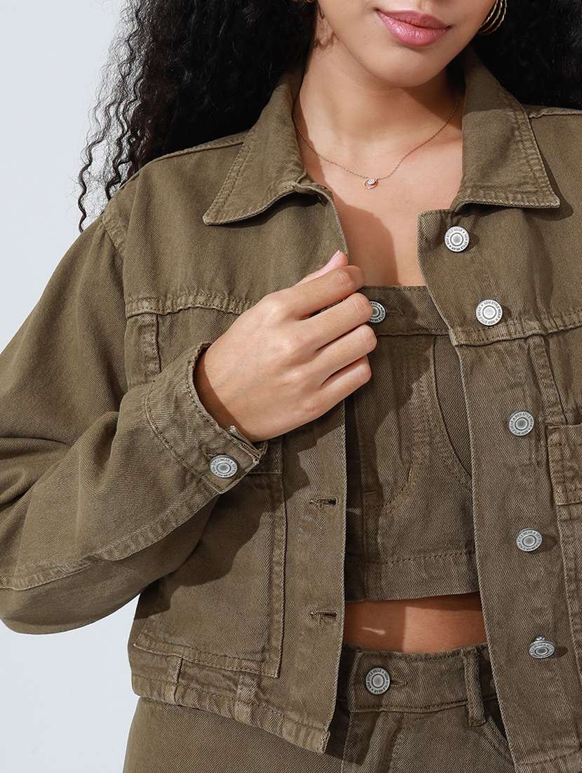 women solid denim top and trouser with jacket co-ord set - 22086311 -  Standard Image - 5