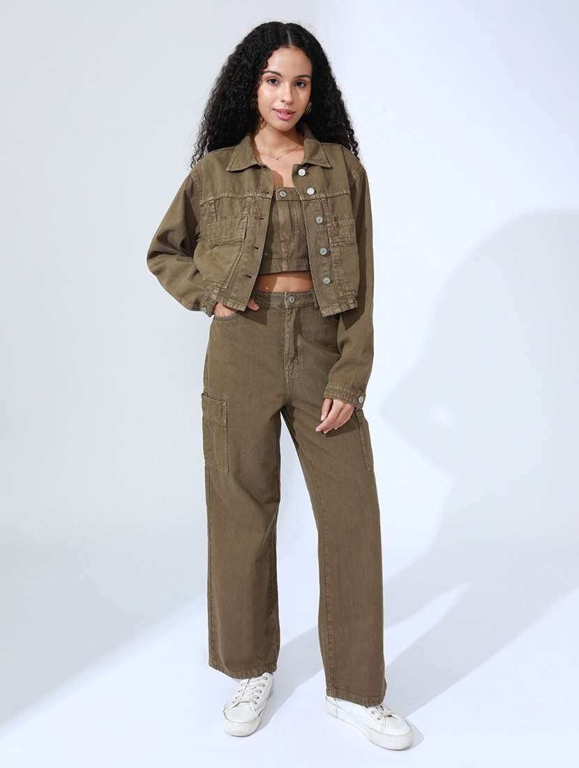 women solid denim top and trouser with jacket co-ord set - 22086311 -  Standard Image - 8