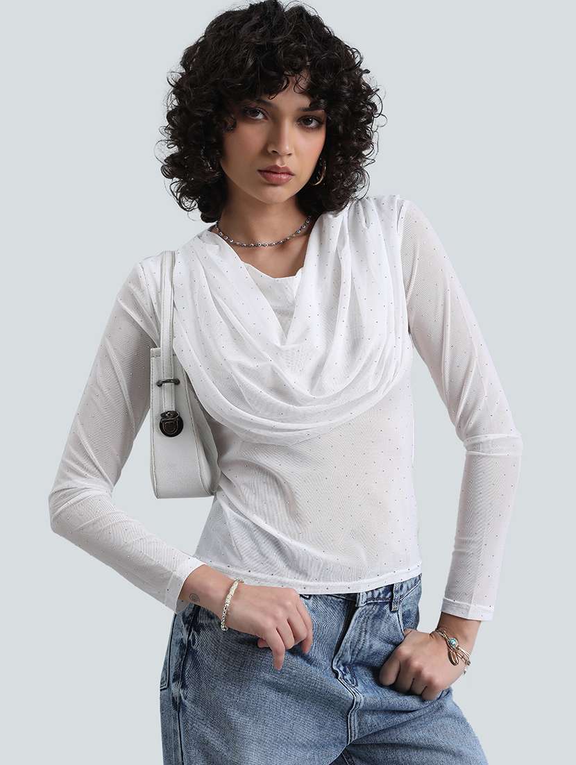womenn white embellished cowl neck long sleeve top