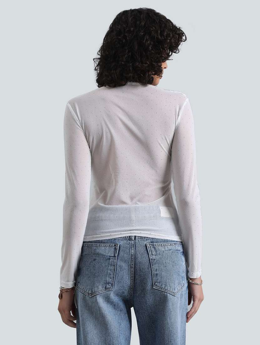 womenn white embellished cowl neck long sleeve top - 22086318 -  Standard Image - 3