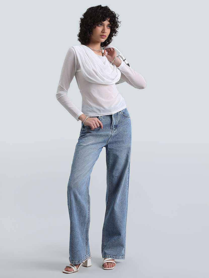 womenn white embellished cowl neck long sleeve top - 22086318 -  Standard Image - 5