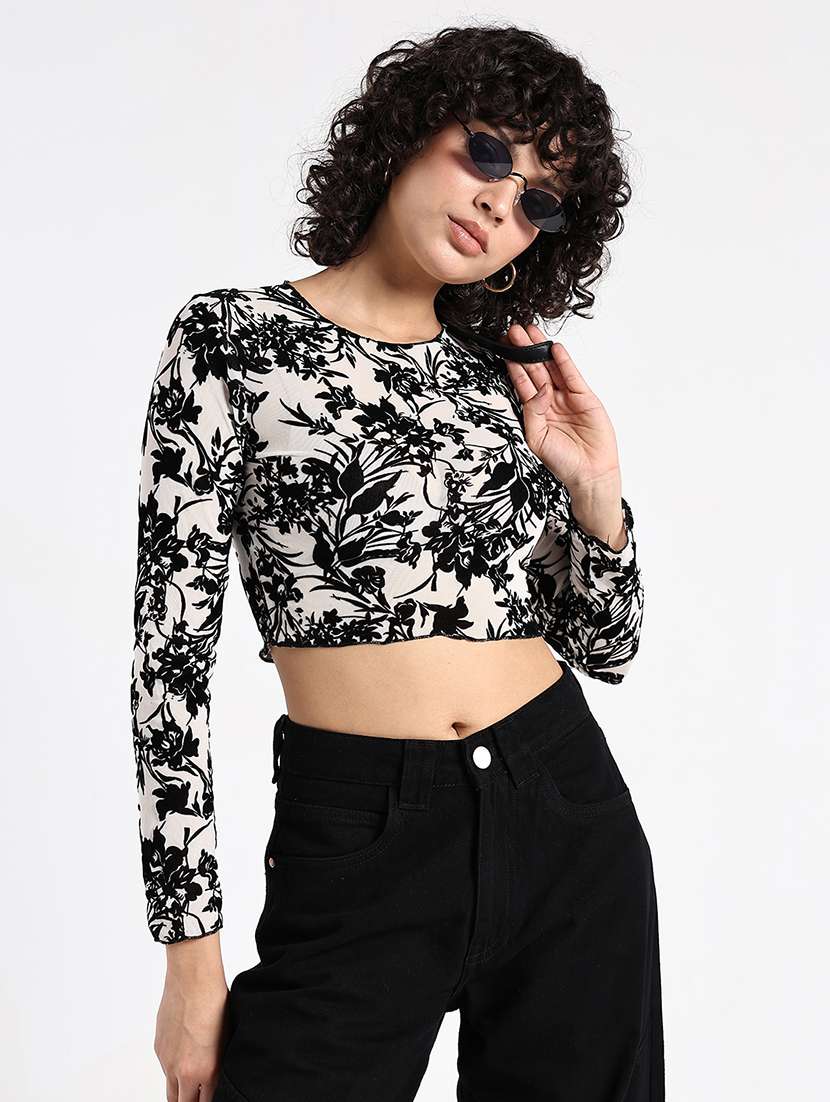 women floral print long sleeve crop op
