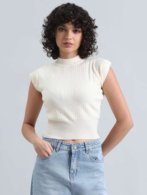 women cream solid cap sleeve crop top - 22086321 -  Standard Image - 0