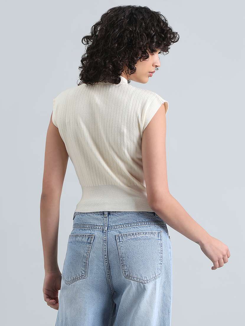 women cream solid cap sleeve crop top - 22086321 - Standard Image - 3