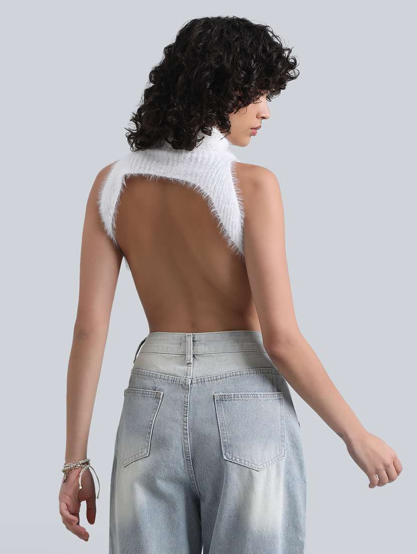 women white solid turtle neck backless crop top - 22086322 - Standard Image - 3