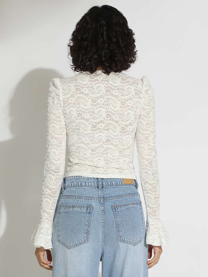 women white solid bell sleeve lace top - 22086324 - Standard Image - 3