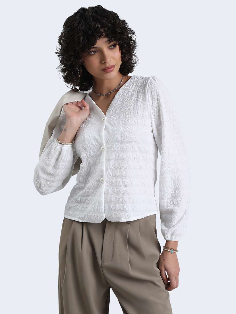 women self designed puff sleeve front open top