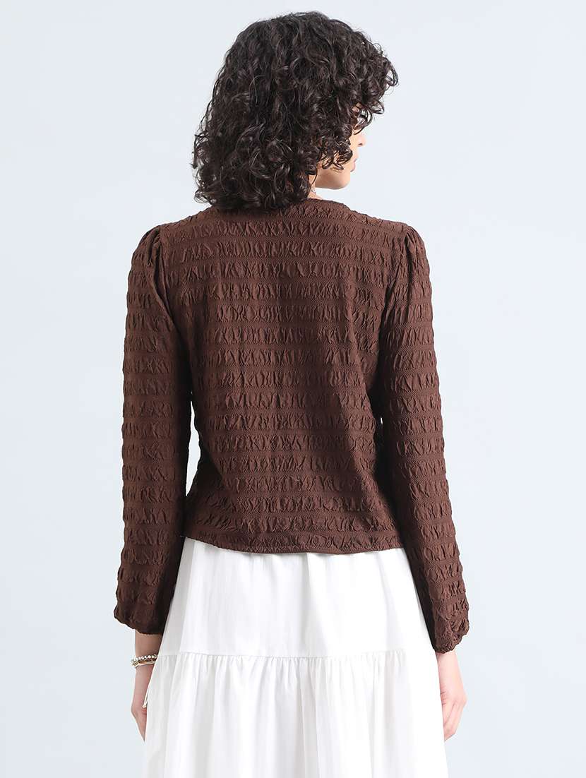women brown self designed puff sleeve top - 22086326 -  Standard Image - 3