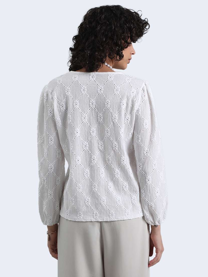 women white schiffli puff sleeve regular top - 22086328 -  Standard Image - 3
