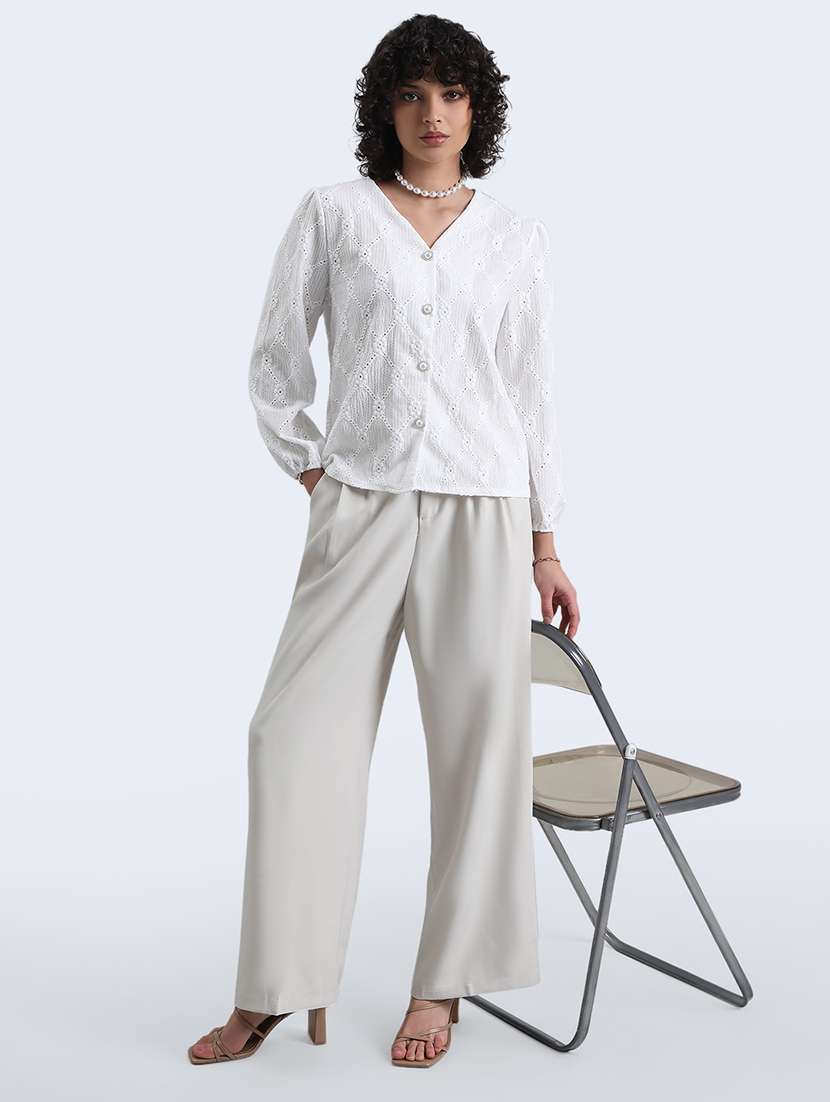 women white schiffli puff sleeve regular top - 22086328 -  Standard Image - 5