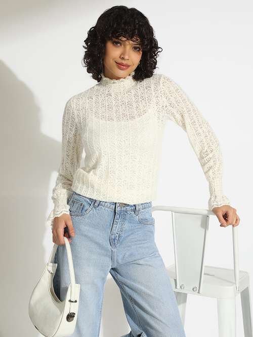 women off white solid long sleeve lace top - 22086333 -  Standard Image - 0