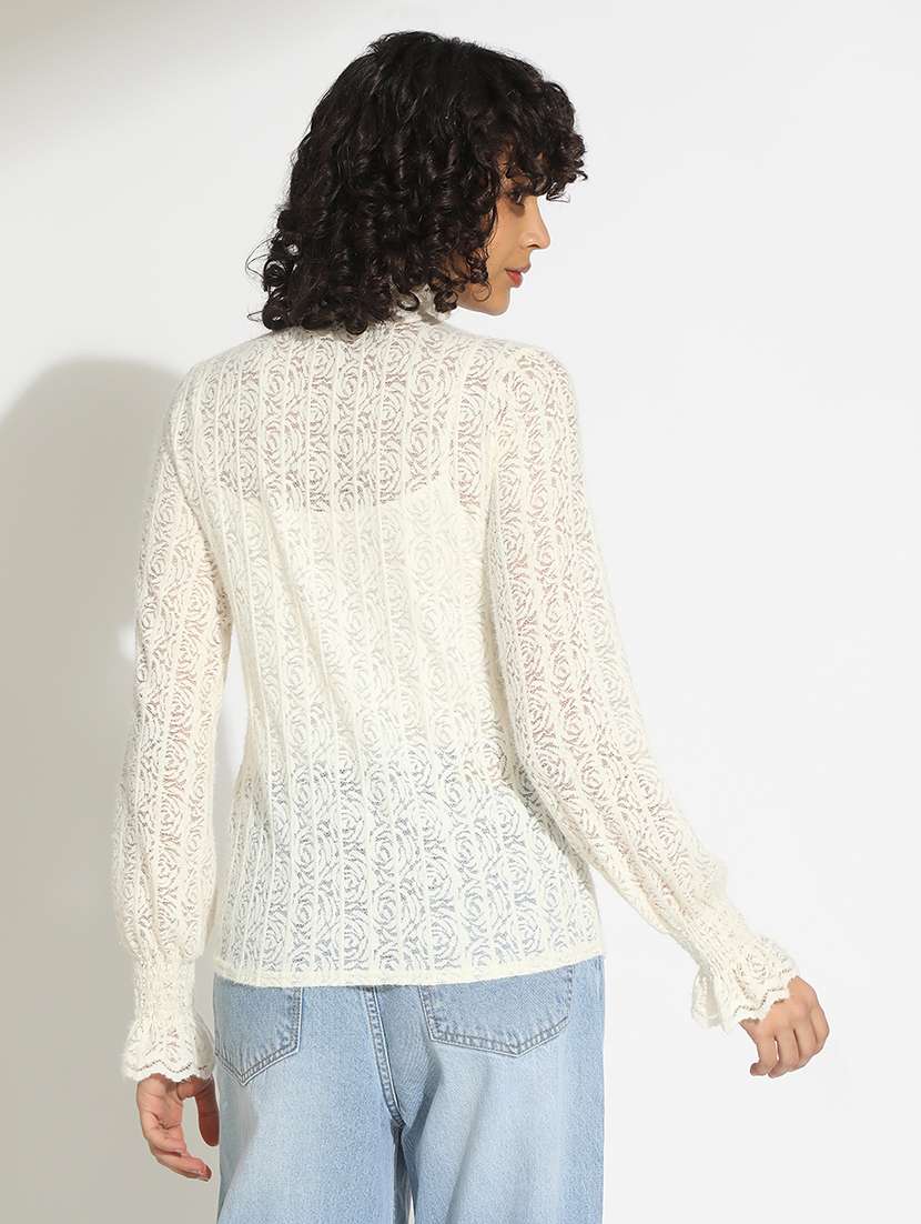 women off white solid long sleeve lace top - 22086333 -  Standard Image - 3