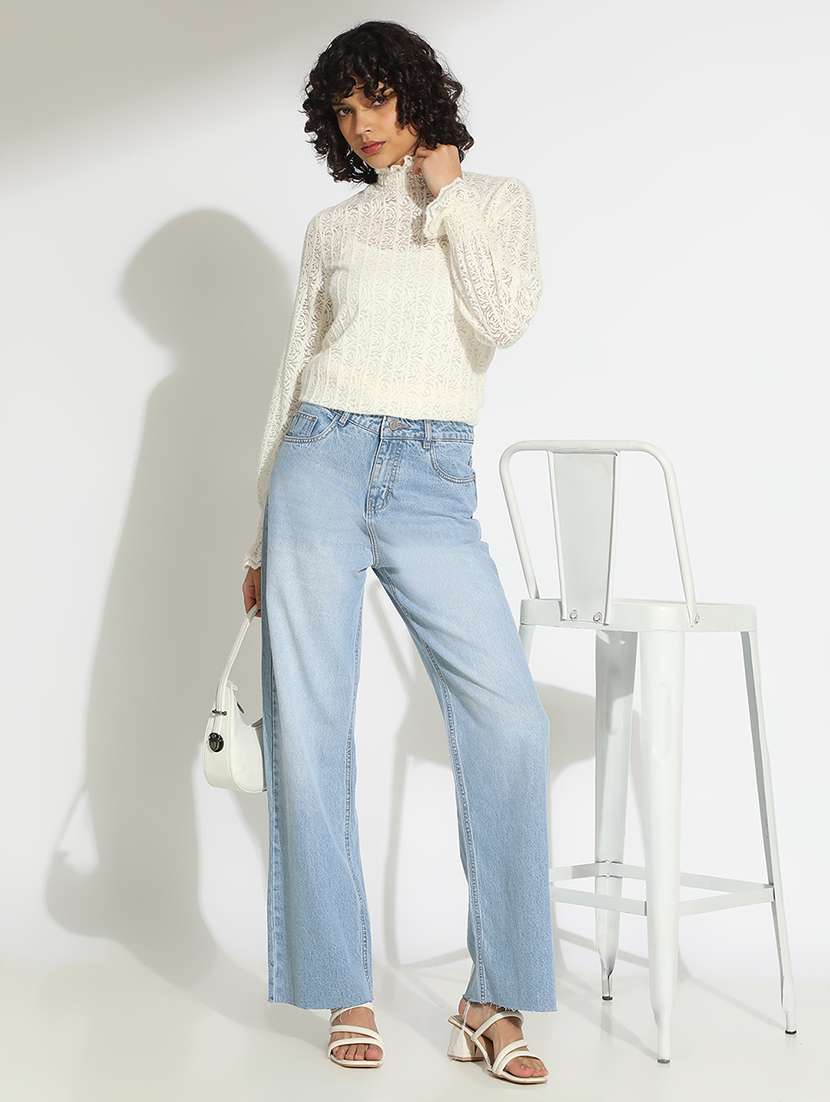 women off white solid long sleeve lace top - 22086333 -  Standard Image - 5