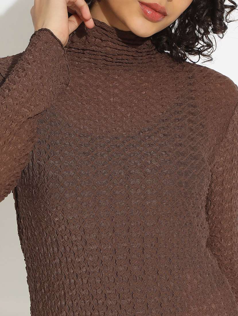 women brown solid long sleeve mock neck top - 22086334 -  Standard Image - 5