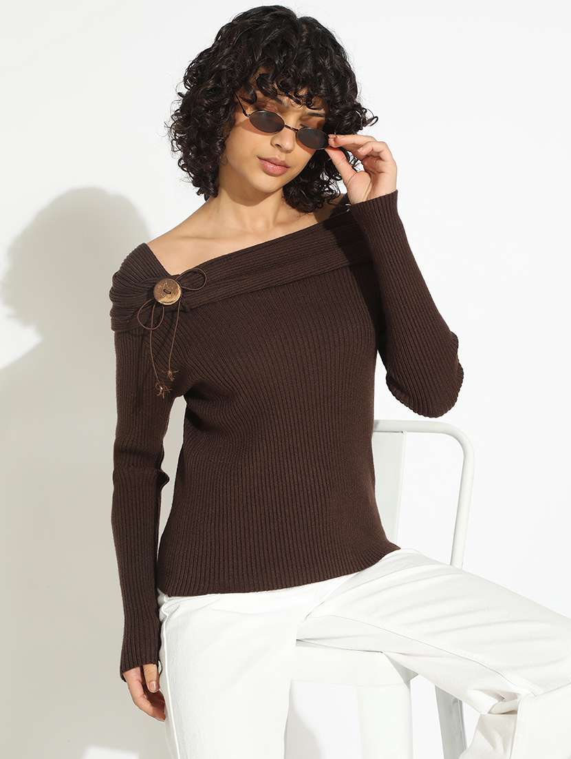 women brown solid off shoulder long sleeve top