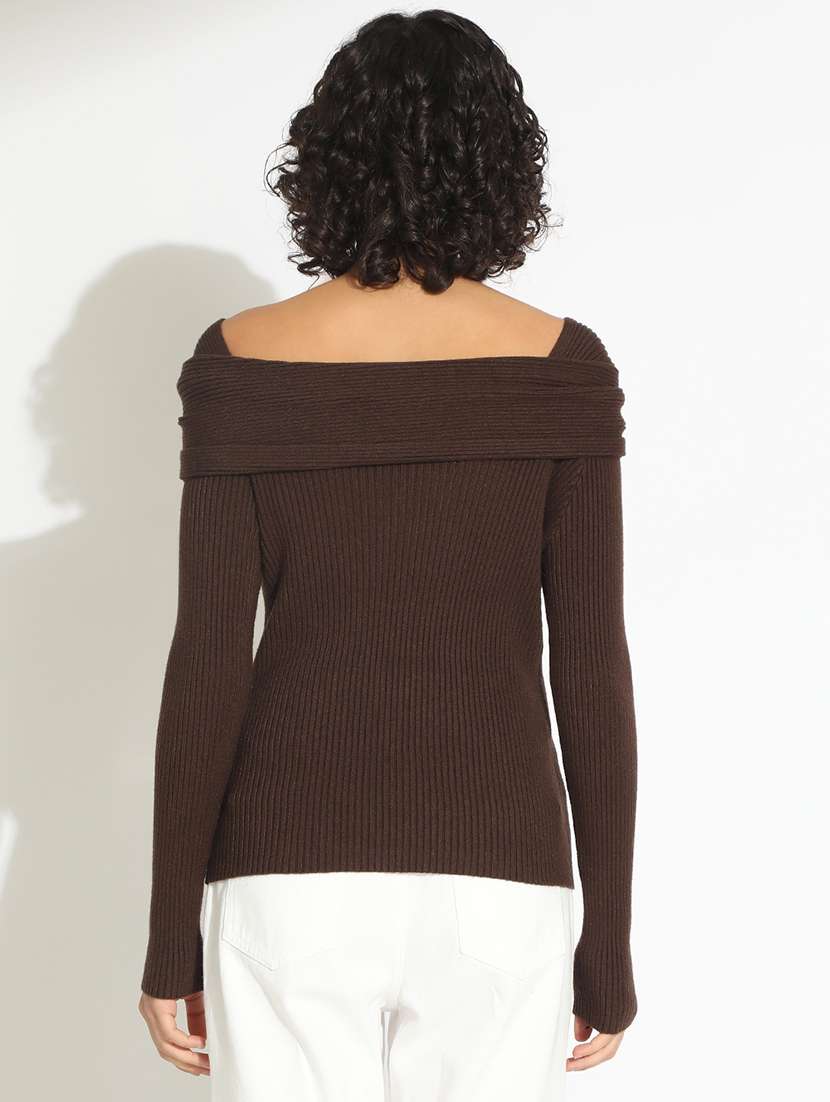 women brown solid off shoulder long sleeve top - 22086336 -  Standard Image - 3