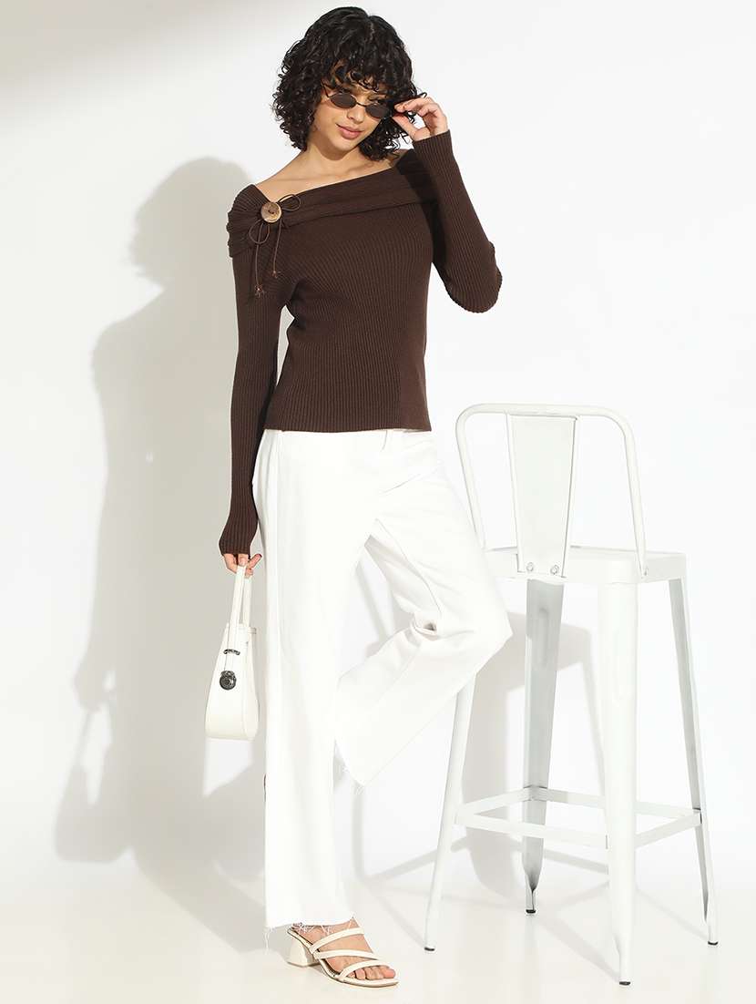 women brown solid off shoulder long sleeve top - 22086336 -  Standard Image - 5