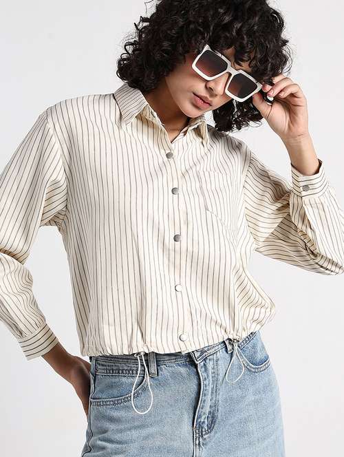 women striped collared long sleeve shirt top - 22086341 -  Standard Image - 0