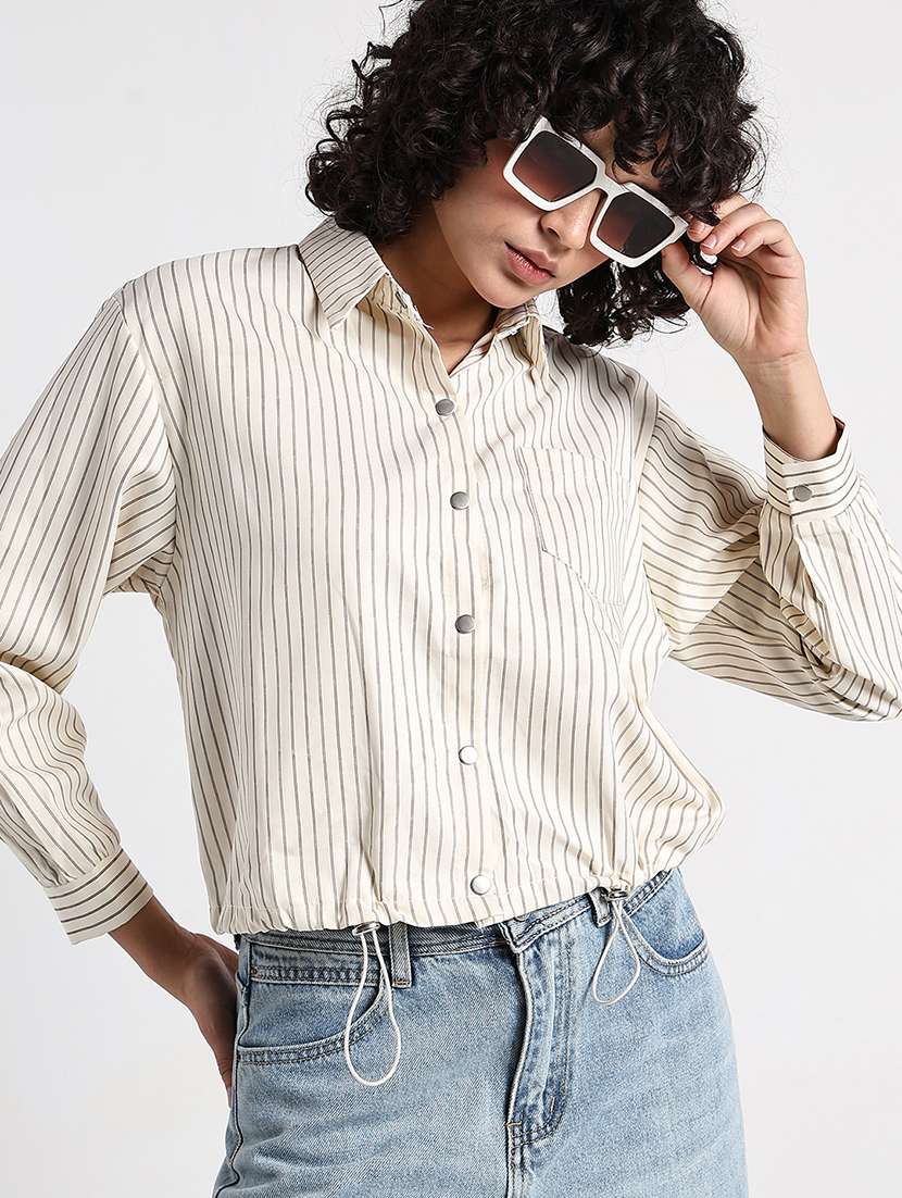 women striped collared long sleeve shirt top - 22086341 -  Zoom Image - 0