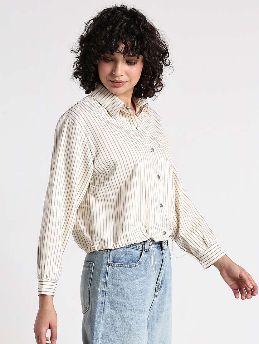 women striped collared long sleeve shirt top - 22086341 -  Standard Image - 3