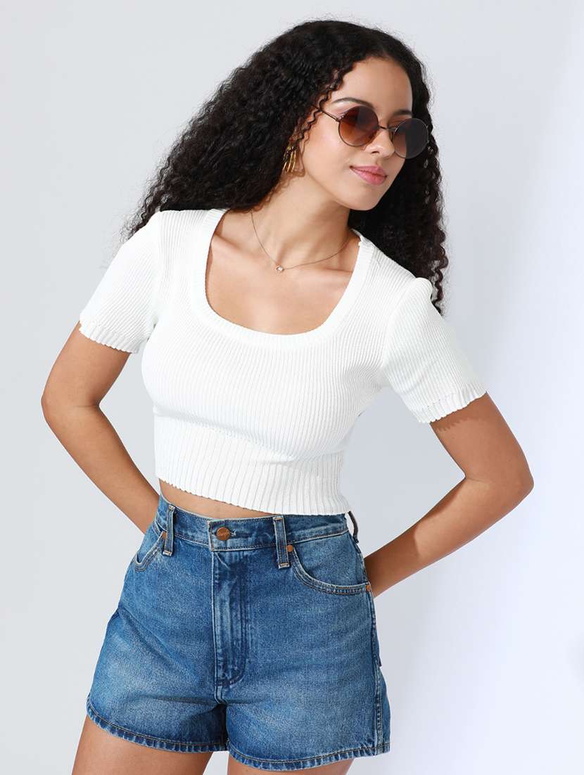 women white solid short sleeve crop top - 22086346 - Zoom Image - 0