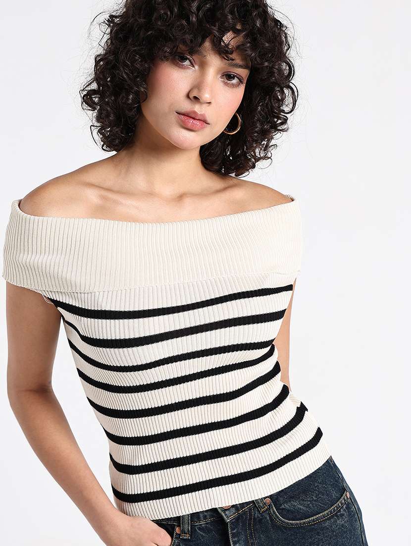 women striped off shoulder regular top 